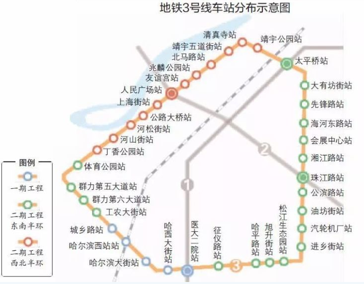 哈尔滨地铁3号线车站位置分布