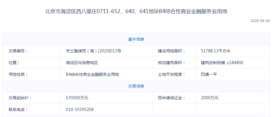 57亿起！海淀区挂牌一宗预申请综合性商业金融服务业用地