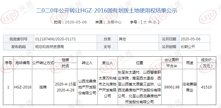 万科以4.151亿元成功摘得迎泽区东太堡村一城改用地