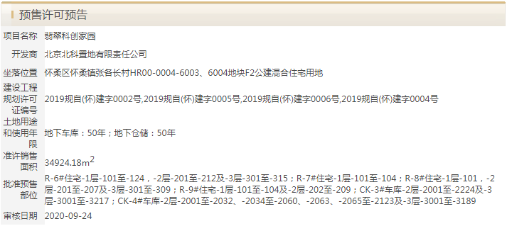 北科建怀柔国际科创中心预售许可预告