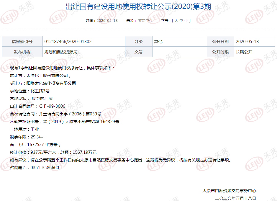 太原市晋源区一宗工业用地以1567.19万元成交