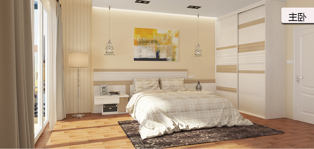 白朗峰象系列主卧——现代自然风十足的卧室，轻灵优雅；床头柜压低以营造宁静感，还原简单生活的真谛。