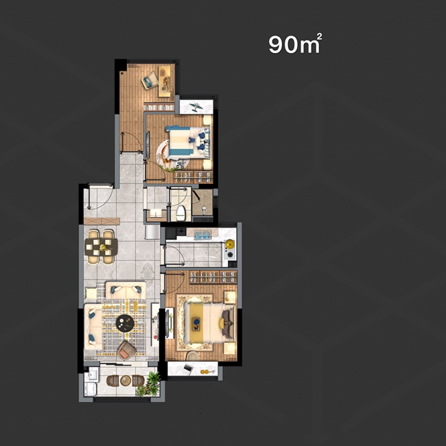 2C户型,2室2厅1卫,90平米(建筑) 2C户型,2室2厅1卫,90平米(建筑)