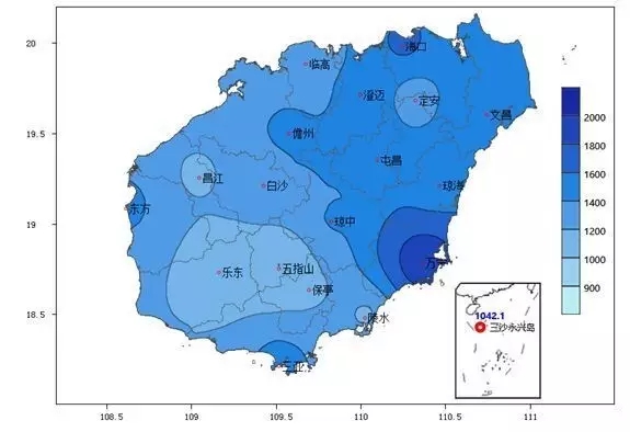 2015年海南省年降水量分布图 (单位:毫米)