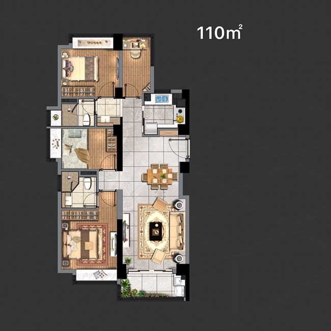 2A户型,3室2厅2卫,110平米(建筑) 2A户型,3室2厅2卫,110平米(建筑)