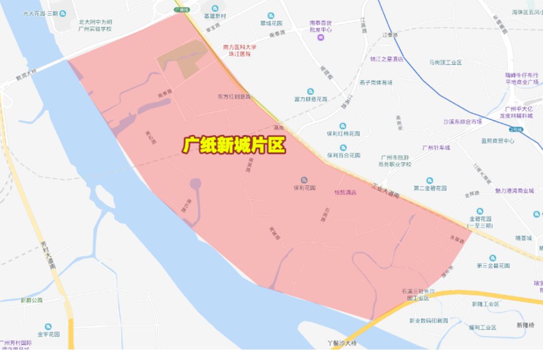 三大板块中,占地面积最小的 广纸新城,作为海珠西部老城区,以配套设施