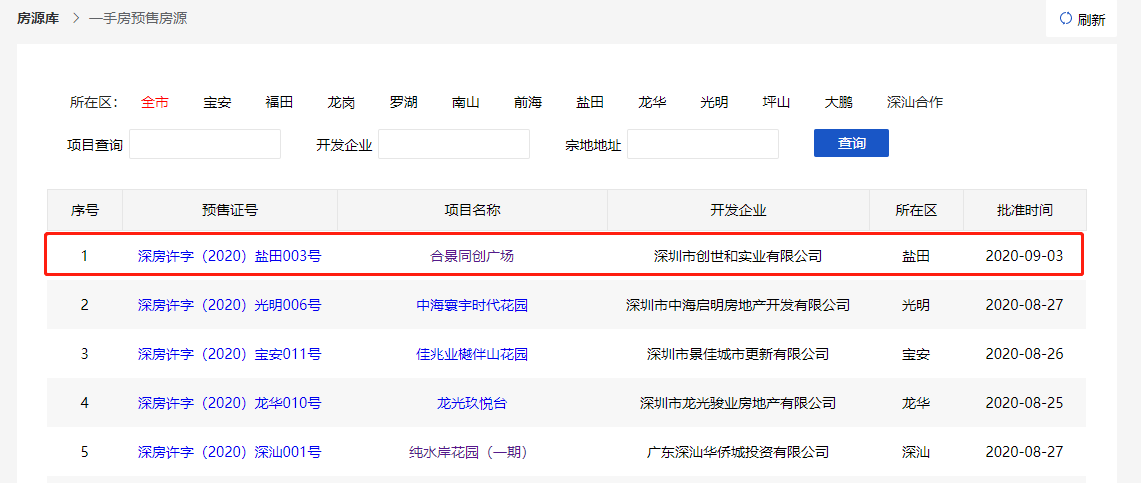 深圳市房地产信息平台一手房源列表截图
