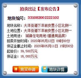 3.95亿起！临海市大洋街道下洋岩安置小区北侧地块预计5月网拍