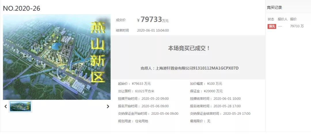 6533元/㎡，港龙7.97亿竞得溧阳燕山41#地块