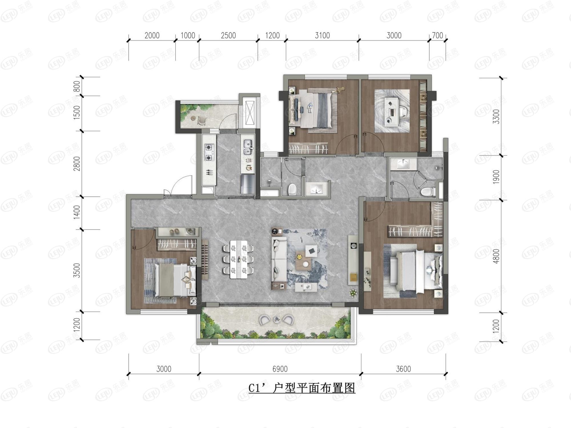 4室2厅2卫，约125平米（建筑）