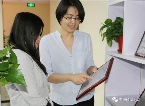 陈颉女士向考察团一行介绍骏辉硅藻泥历年所获荣誉