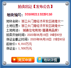 头门港经济开发区疏港大道与北洋大道交汇西南角地块预计6月网拍