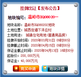 20亿起拍！超百亩！温岭市城西街道下洋应村地块4月网拍