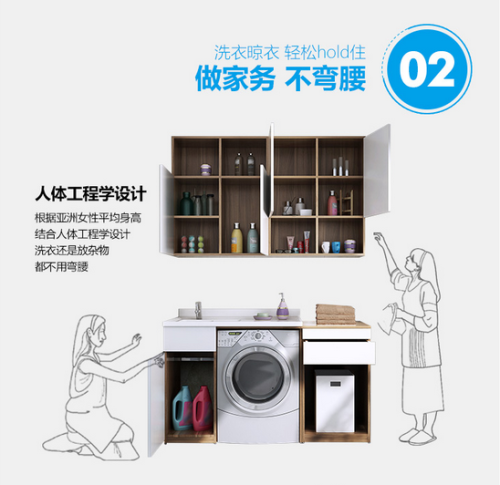 一个阳台柜，把阳台分成了洗漱区、洗衣区、储物区。
