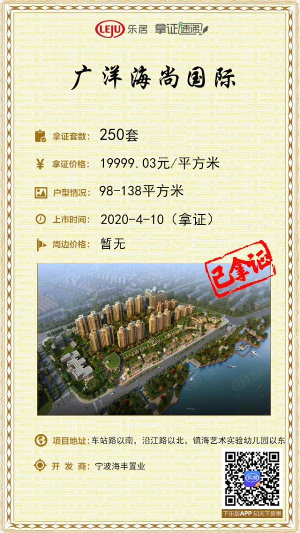 拿证速递|广洋海尚国际250套房源拿证 备案均价为19999.03元/平