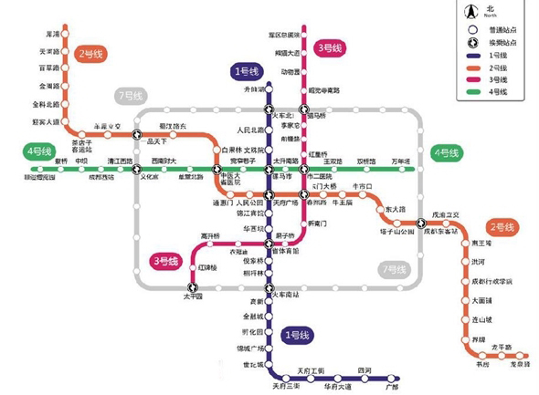 成都已开通地铁(1,2,3,4号线)线路图