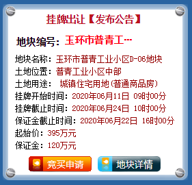 玉环普青工业小区D-06住宅地块（新玉环人安居用地）预计6月网拍