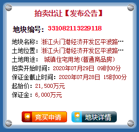 头门港经济开发区平波路与双屿路交汇东北角商住地块预计7月网拍