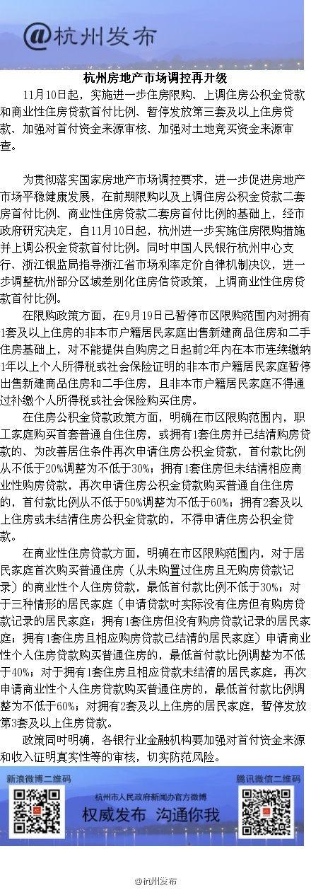 杭州深夜发布房地产调控新政 今起上调贷款首