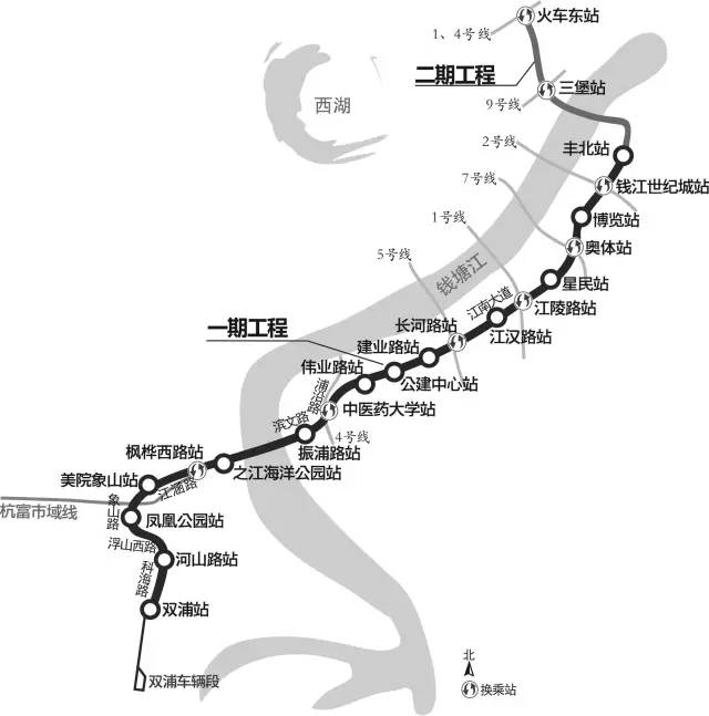 图为杭州地铁6号线一期规划路线图
