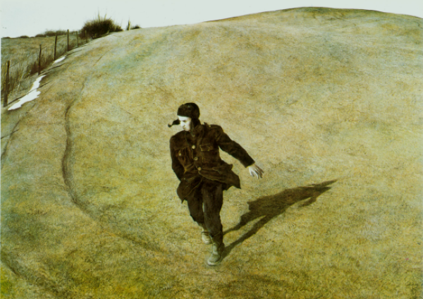  3-3图(29)  美国画家魏斯的《46年的冬天》，冬日荒凉的山坡，急驰飞奔的男孩，寓意生命短暂一瞬的孤寂苍茫。
