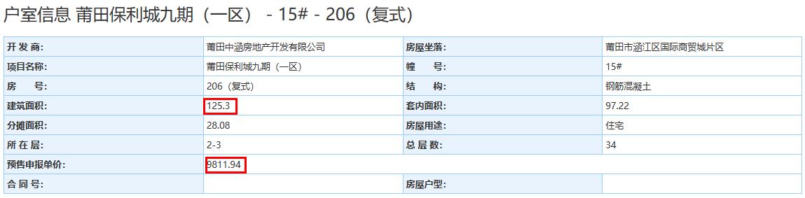 莆田保利城和悅府部分房源備案價