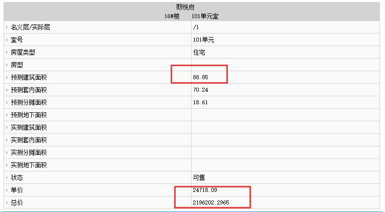 福州熙悅府部分房源備案價(jià)