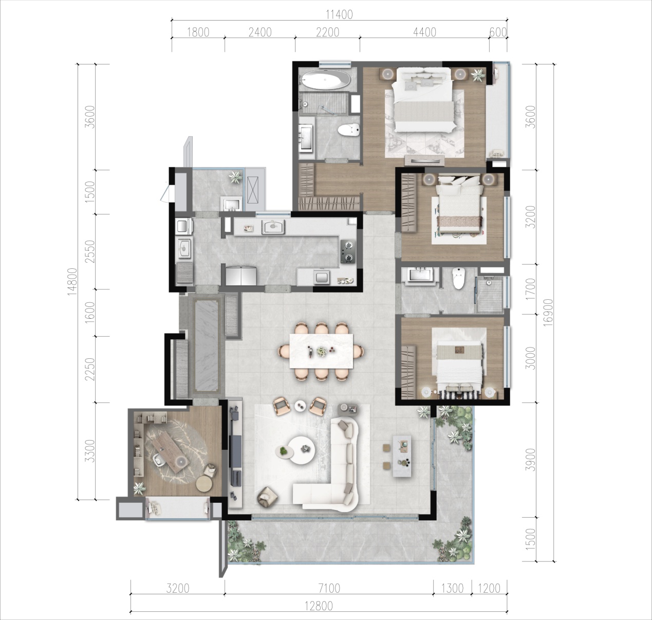 C2户型，建面约175㎡，四室两厅两卫