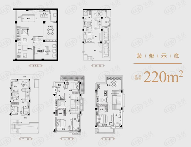 建面約220平雙拼戶型圖