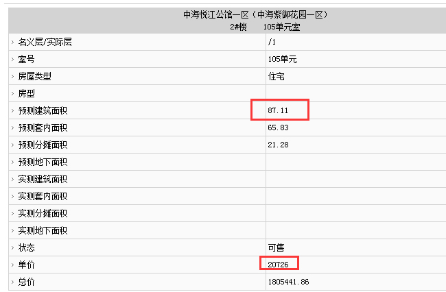 中海錦江城部分房源備案價