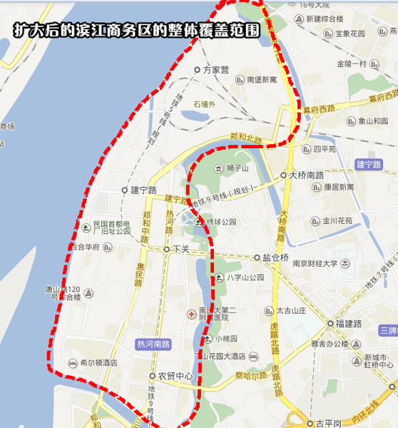 如下图所示为目前规划中的鼓楼滨江商务区的范围