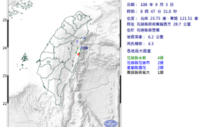 8:47 花莲寿丰规模4.3地震 最大震度4级 