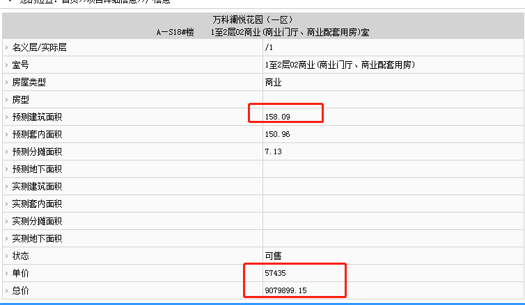 萬科金域國際部分房源備案價