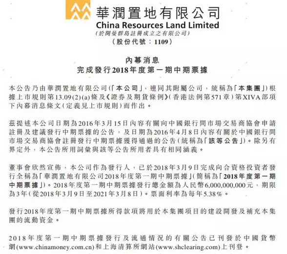 华润置地完成发行2018年度第一期中期票据公告