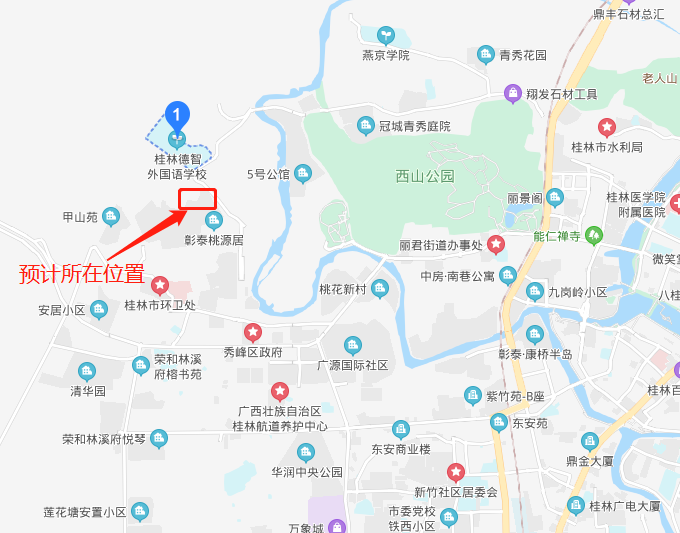 显示位于秀峰区阳江北路以西,侯山以东,桃源居小区以北,桂林市第三