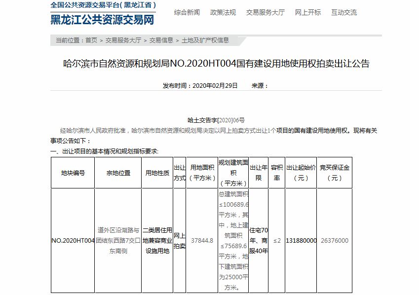 哈尔滨3月首宗公开出让