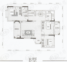 爱莲名城三室两厅两卫一厨+双阳台户型图