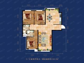 紫荆昌盛·观山悦C户型，三室两厅两卫户型图