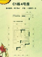 重庆富力城富力城三期C1栋标准层4号房1室2厅1卫1厨 43.16㎡户型图