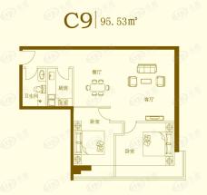 富裕中心C9户型 两室两厅一卫户型图