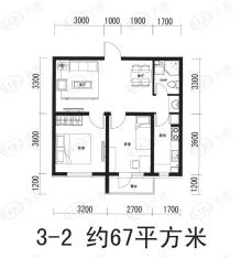 汇水湾3-2户型 二室二厅一卫户型图