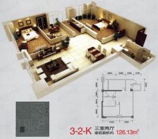 海璟国际在售3-2-K户型模型 三室两厅户型图