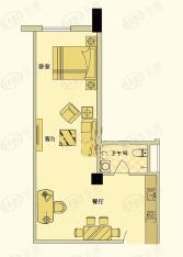 海河新天法桐墅一期A座标准层一居室户型1室2厅1卫1厨户型图