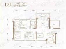 龙光玖誉城108㎡三房两厅两卫D1户型户型图