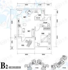 三亚清平乐西郡清平乐二期B2户型一室二厅一卫户型图