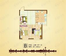 清河湾2室1厅1卫户型图