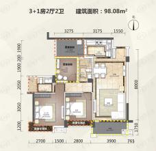 奥园外滩3+1房2厅户型图