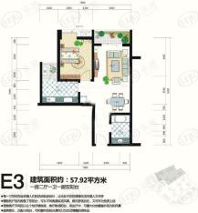 南阳盛世E3型1室2厅1卫1厨户型图