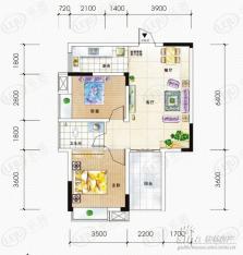 水晶郦城6#E户型：2房2厅1卫户型图