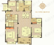 吴月雅境G户型140.76平米 3室2厅2卫户型图